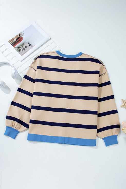 Colorblock Drop Shoulder V-Neck Button Front Cardigan Sweater